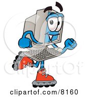 Desktop Computer Mascot Cartoon Character Roller Blading On Inline Skates by Mascot Junction