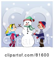 Poster, Art Print Of Two Caucasian Children Creating A Snowman Together In The Snow