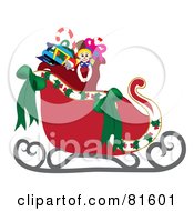 Royalty Free RF Clipart Illustration Of A Red Santa Sleigh With Green Ribbons And A Sack Of Toys