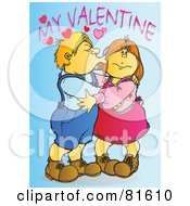Royalty Free RF Clipart Illustration Of A Boy Kissing His Girlfriend On The Cheek Under My Valentine Text by Snowy
