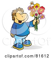 Poster, Art Print Of Brunette Boy Holding A Bouquet Of Flowers
