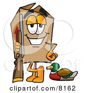 Cardboard Box Mascot Cartoon Character Duck Hunting Standing With A Rifle And Duck
