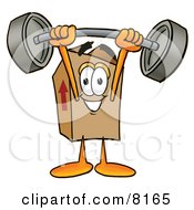 Cardboard Box Mascot Cartoon Character Holding A Heavy Barbell Above His Head