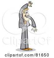 Royalty Free RF Clipart Illustration Of A Blond Business Guy In A Gray Suit Holding His Hand Above His Head