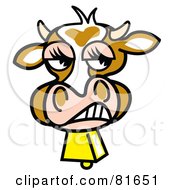 Poster, Art Print Of Snarling Brown Cow Face With A Bell