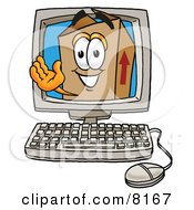 Cardboard Box Mascot Cartoon Character Waving From Inside A Computer Screen