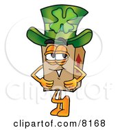 Cardboard Box Mascot Cartoon Character Wearing A Saint Patricks Day Hat With A Clover On It