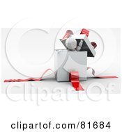 Poster, Art Print Of 3d White Character Peeking Out Of A White Gift Box With Red Ribbons