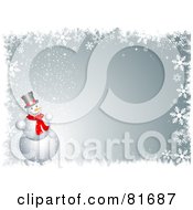 Poster, Art Print Of Gray Winter Background With A Snowman And Snowflake Border