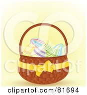 Royalty Free RF Clipart Illustration Of A Yellow Ribbon Around A Basket Of Easter Eggs by elaineitalia