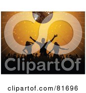 Royalty Free RF Clipart Illustration Of A Golden Disco Ball Shining Down On Silhouetted Dancers In A Crowd by elaineitalia