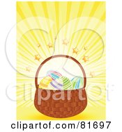 Poster, Art Print Of Basket Of Easter Eggs On A Yellow Star Burst Background
