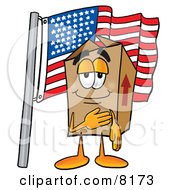 Cardboard Box Mascot Cartoon Character Pledging Allegiance To An American Flag
