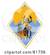 Poster, Art Print Of Stick People Bikers One With His Hands Off The Bars On A Blue And Orange Mountain Diamond