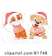 Digital Collage Of A Christmas Puppy And Kitten Wearing Santa Hats