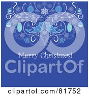 Poster, Art Print Of Blue Merry Christmas Greeting With Birds And Ornaments