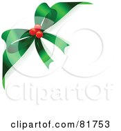 Poster, Art Print Of Green Christmas Bow With Red Berries Around The Corner Of A White Background