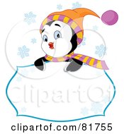 Poster, Art Print Of Cute Winter Penguin Looking Over A Blank Sign With Snowflakes
