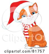 Happy Sitting Orange Kitten Wearing A Santa Hat