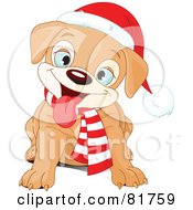 Poster, Art Print Of Happy Sitting Christmas Puppy Wearing A Scarf And Santa Hat