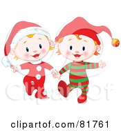 Two Christmas Babies In Santa And Elf Suits Walking And Holding Hands