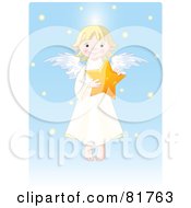 Poster, Art Print Of Cute Blond Girl Angel Holding A Star In A Blue Snow Sky