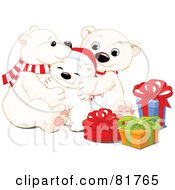 Poster, Art Print Of Adorable Polar Bear Family Snuggling By Christmas Presents