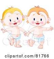 Royalty Free RF Clipart Illustration Of Blond And Strawberry Blond Babies Holding Hands And Walking In Diapers