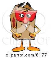 Cardboard Box Mascot Cartoon Character Wearing A Red Mask Over His Face
