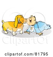 Poster, Art Print Of Baby Boy In Blue Crawling Around With A Dog