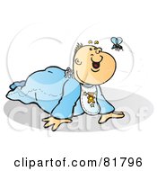 Poster, Art Print Of Baby Boy In Blue Crawling Around And Watching A Fly