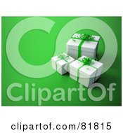 Royalty Free RF Clipart Illustration Of Three 3d White Gift Boxes With Green Ribbons And Bows by Mopic