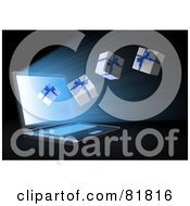 Royalty Free RF Clipart Illustration Of A 3d Laptop Shooting Gift Boxes Out From The Monitor by Mopic
