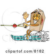 Cardboard Box Mascot Cartoon Character Waving While Water Skiing