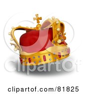 Poster, Art Print Of 3d Golden And Red Crown Adorned With Pearls Rubies And Sapphires On White