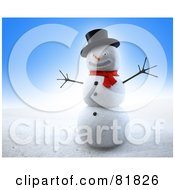 3d Grinning Winter Snowman Wearing A Hat And Red Scarf