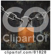 Poster, Art Print Of 3d Rusty Padlock Suspended Between Two Chains On A Rusted Background