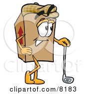 Cardboard Box Mascot Cartoon Character Leaning On A Golf Club While Golfing