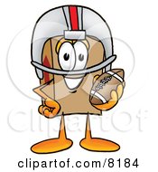 Cardboard Box Mascot Cartoon Character In A Helmet Holding A Football