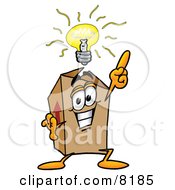 Clipart Picture Of A Cardboard Box Mascot Cartoon Character With A Bright Idea