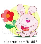 Royalty Free RF Clipart Illustration Of A Happy Pink Bunny Rabbit Holding A Flower In Front Of A Yellow Circle