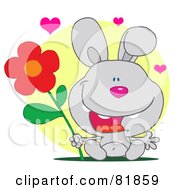 Poster, Art Print Of Sweet Gray Bunny Rabbit Holding A Flower Under Hearts In Front Of A Yellow Circle