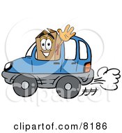 Cardboard Box Mascot Cartoon Character Driving A Blue Car And Waving