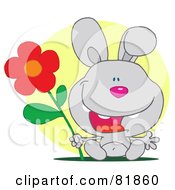 Royalty Free RF Clipart Illustration Of A Happy Gray Bunny Rabbit Holding A Flower In Front Of A Yellow Circle