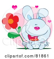 Poster, Art Print Of Sweet Blue Bunny Rabbit Holding A Flower Under Hearts In Front Of A Pink Circle