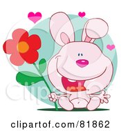 Poster, Art Print Of Sweet Pink Bunny Rabbit Holding A Flower Under Hearts In Front Of A Green Circle