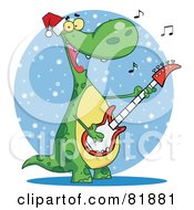 Poster, Art Print Of Singing Dinosaur Wearing A Santa Hat And Playing Christmas Music On A Guitar Over A Blue Snowy Oval