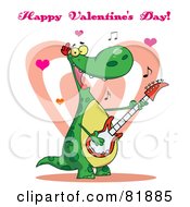 Royalty Free RF Clipart Illustration Of A Happy Valentines Day Greeting Of A Romantic Guitarist Dinosaur Singing