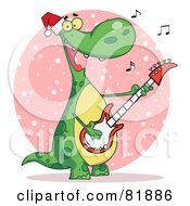 Poster, Art Print Of Singing Dinosaur Wearing A Santa Hat And Playing Christmas Music On A Guitar Over A Pink Snowy Oval