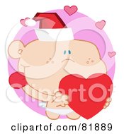 Poster, Art Print Of Christmas Cupid Wearing A Santa Hat And Holding A Heart - Version 3